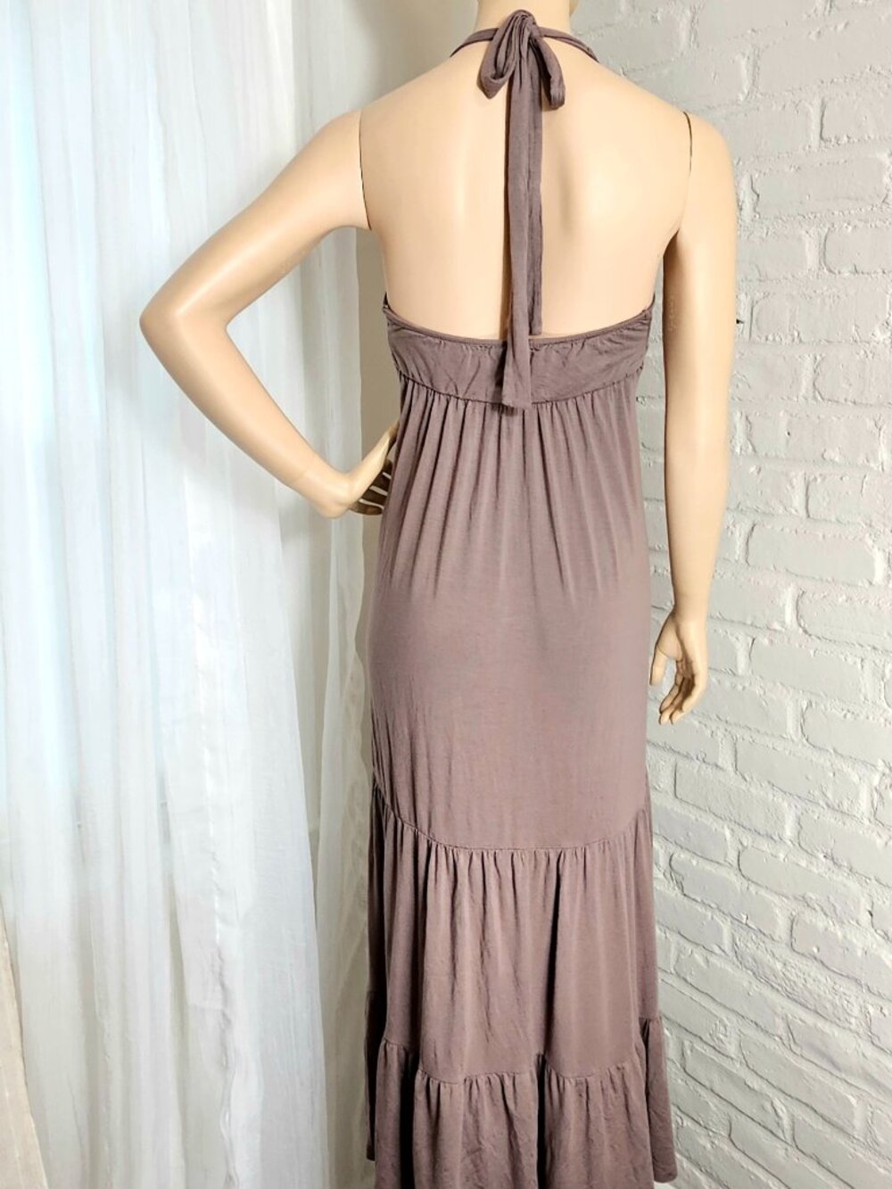 My Tribe Brown Halter Maxi Dress Size S Boho Rosette Tiered Resort Dress - Picture 6 of 11